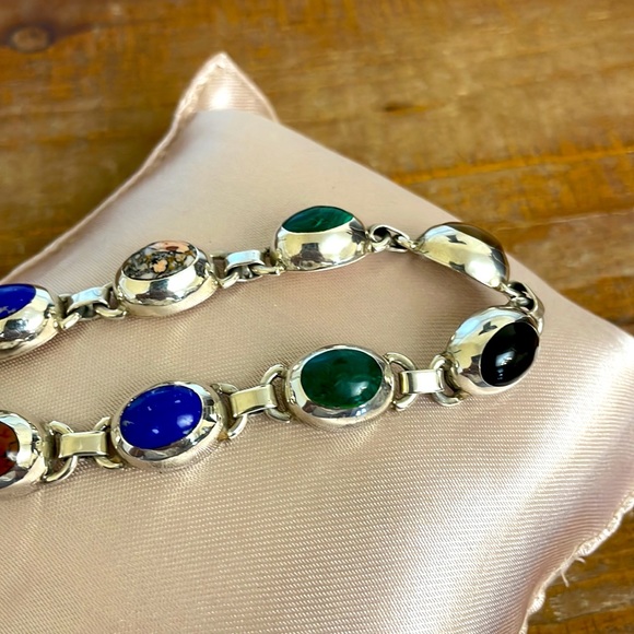 Vintage .925 ATI Mexico Sterling Silver & Semi-Precious Stone Toggle Bracelet - Picture 3 of 5